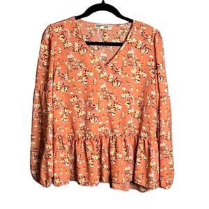 Pleione Pink Floral Peplum Balloon Sleeve Blouse Size Small